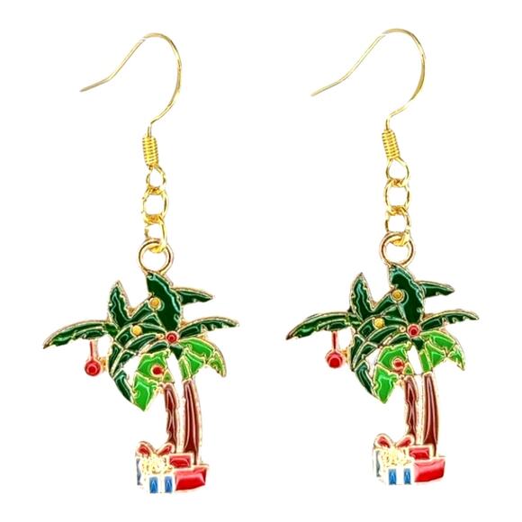 Palm Tree Christmas Earrings Tropical Beach Holiday Jewelry - Picture 1 of 4